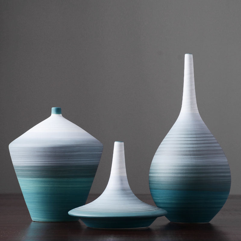Trio vases céramique bleu — décoration salon contemporaine
